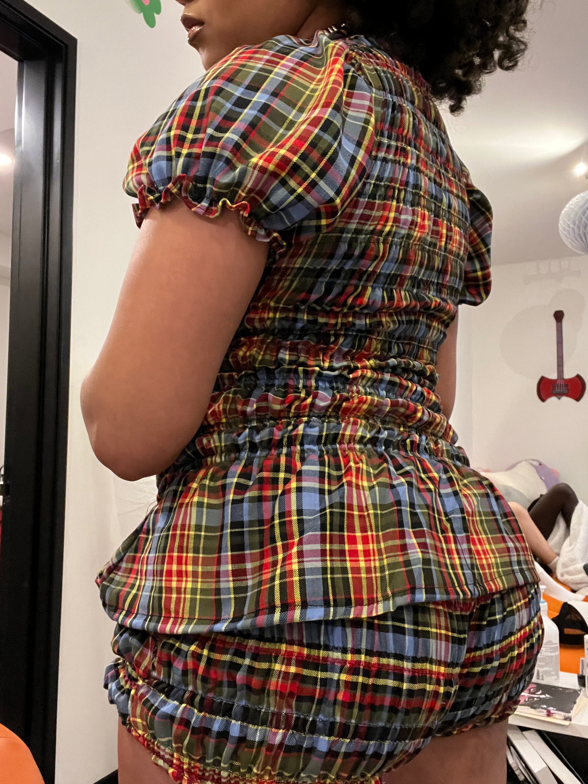 SHAGGY PLAID SHIRRED DRESS X-girl Plaid Shirred set